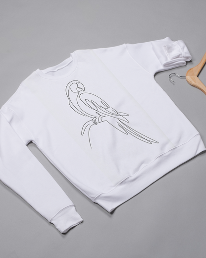 White sweatshirt with a parrot design on a gray background