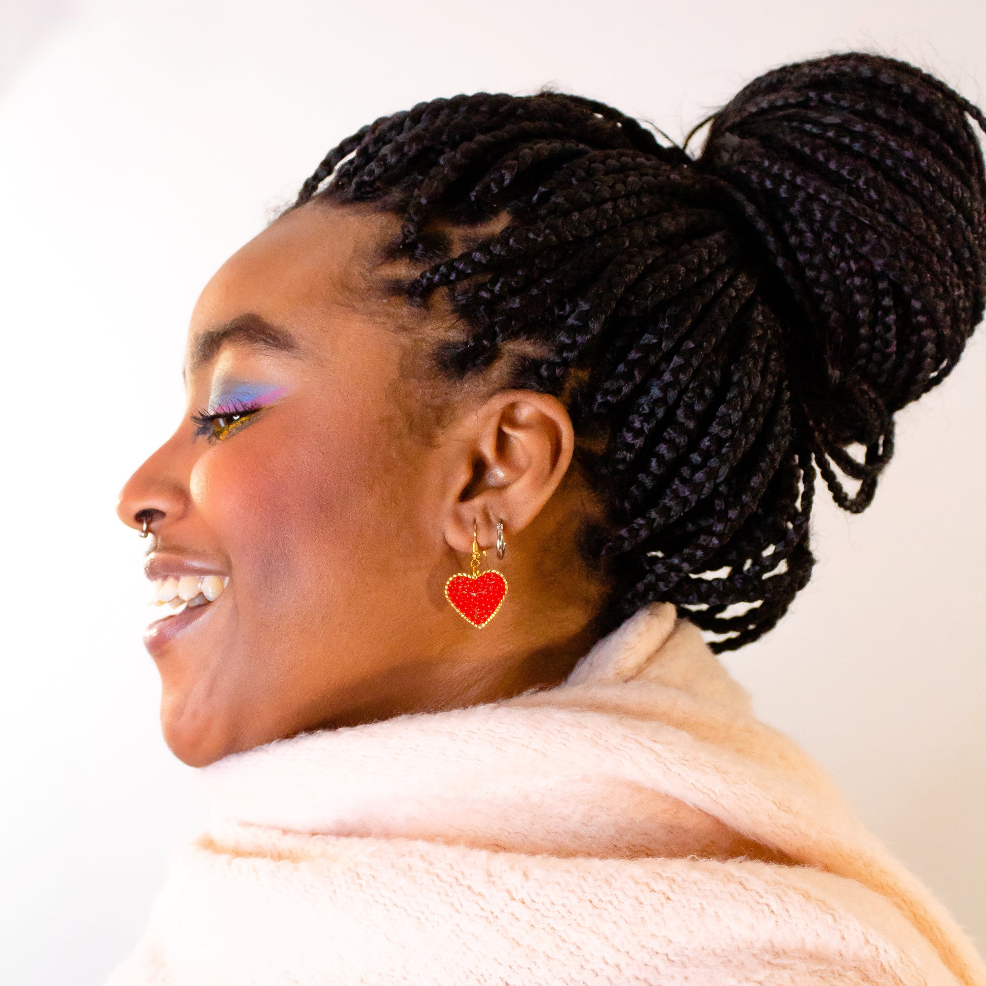 Red Heart Dangle Earrings, heart Shaped filled with glass beads. Size in width is 0.75 inches x 1.5 inches in length. Hypoallergenic, Handmade, Premier Quality, Super Lightweight. Perfect for gifts #style_earrings-only