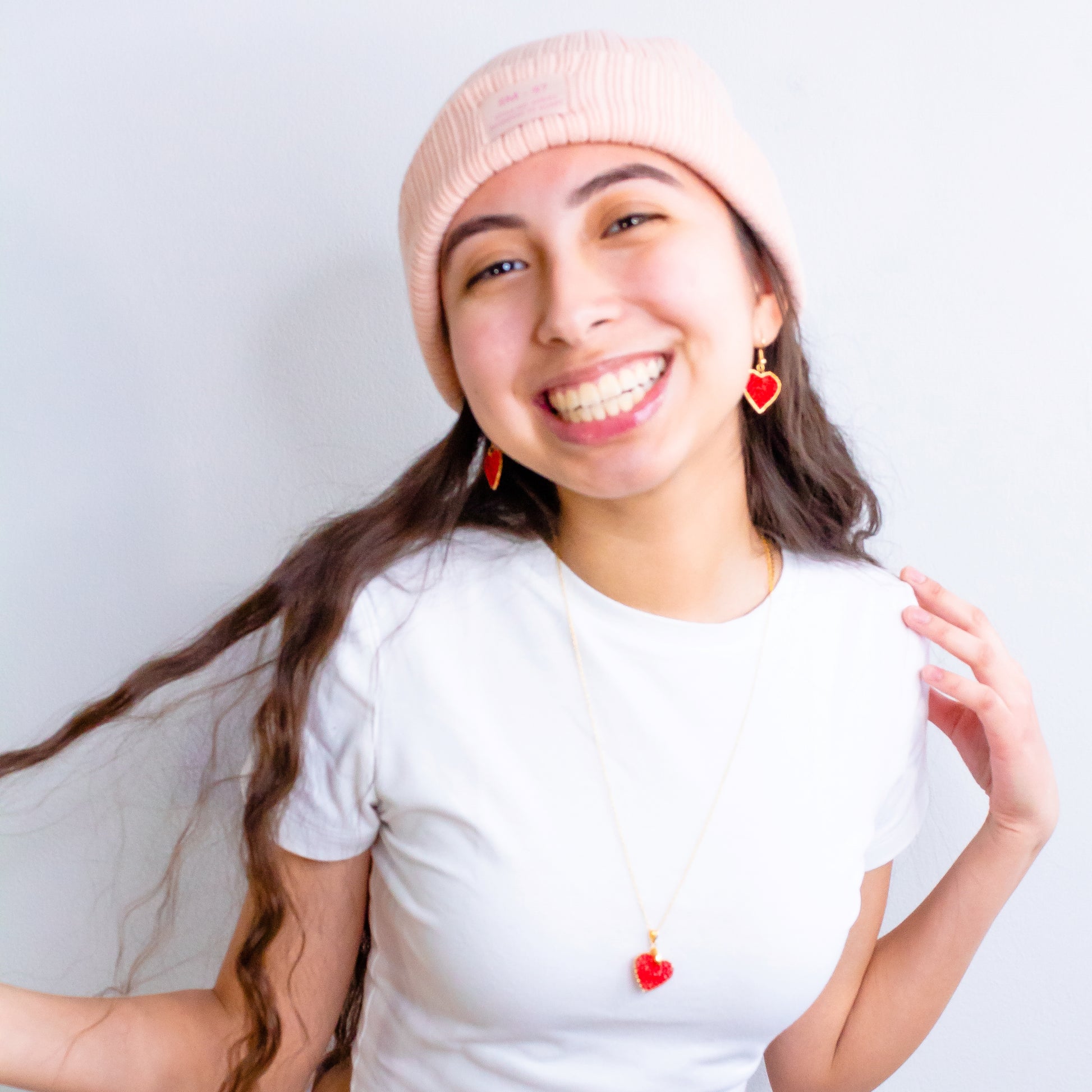 Red Heart Dangle Earrings, heart Shaped filled with glass beads. Size in width is 0.75 inches x 1.5 inches in length. Hypoallergenic, Handmade, Premier Quality, Super Lightweight. Perfect for gifts #style_earrings-only #style_set